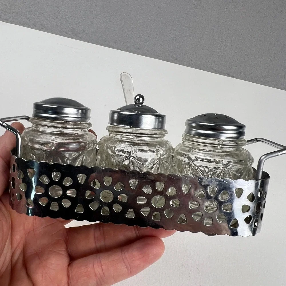 Vintage Condiment Set Glass Jars Metal Caddy Silver Clear Mid Century Tableware
